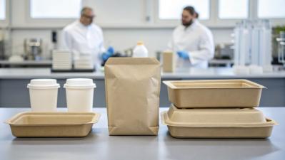 Two lab technicians work in the background of a lab with biodegr